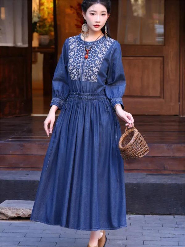 Women Vintage Denim Dress Embroidery A-Line Jeans Dress Round Neck High Waisted Pleated Midi Dress