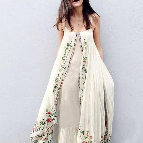 Women Maxi White Boho Vintage Floral Embroidered Sleeveless Strap Beach Long Dresses