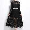 Womens Water-Soluble Lace Embroidery Hollow Flower Dress Full Sleeve Vacation Long Dress