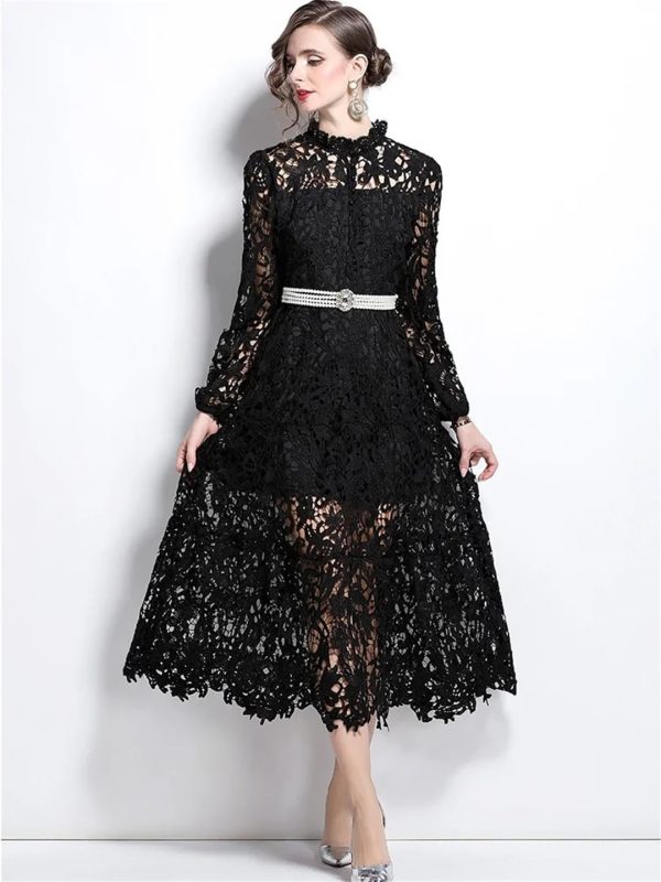 Womens Water-Soluble Lace Embroidery Hollow Flower Dress Full Sleeve Vacation Long Dress