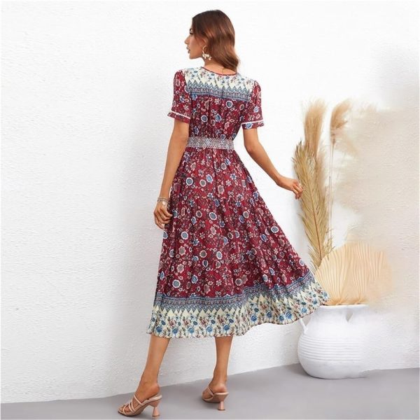 Boho Floral Maxi Women Summer Short Sleeve High Waist A Line Long Beach Dress Lightweight Casual Vacation Skirt