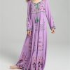 Women's Boho Embroidery Long-Sleeved Floral V Neck Holiday Maxi Dresses