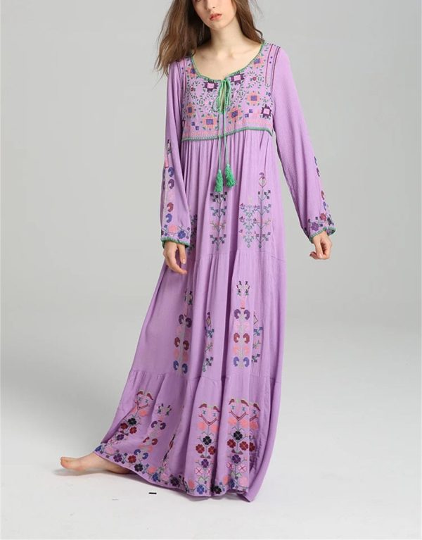 Women's Boho Embroidery Long-Sleeved Floral V Neck Holiday Maxi Dresses