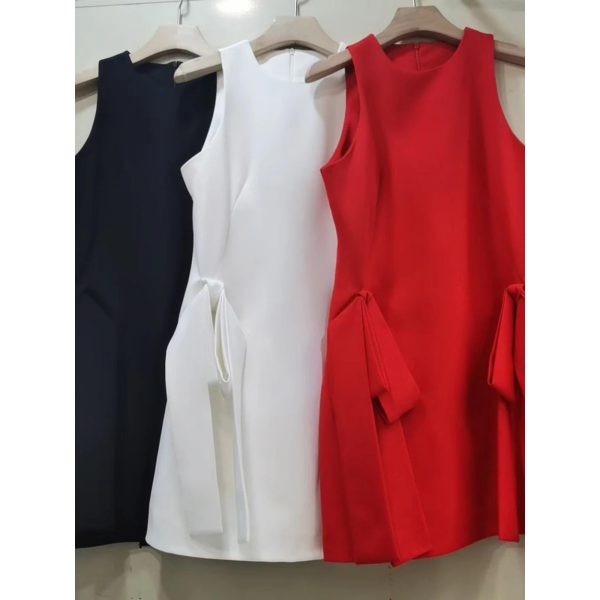 Women’s O-Neck Slimming Bowknot Mini Dress, Sleeveless High Waist Patchwork Designer Casual Summer Dress