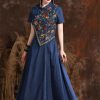 Women Chinese Vintage A-Line Dress Split Joint Midi Denim Dress Embroidery Floral Long Shirt Dress