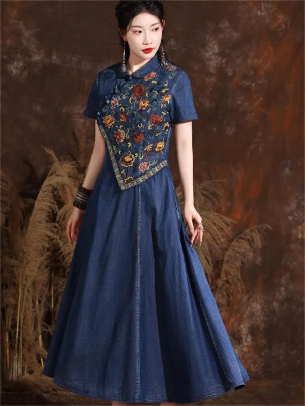 Women Chinese Vintage A-Line Dress Split Joint Midi Denim Dress Embroidery Floral Long Shirt Dress