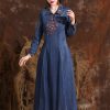 Women Turn-Down Collar Embroidery Split Joint A-Line Jeans Dress Chinese Long Denim Dress