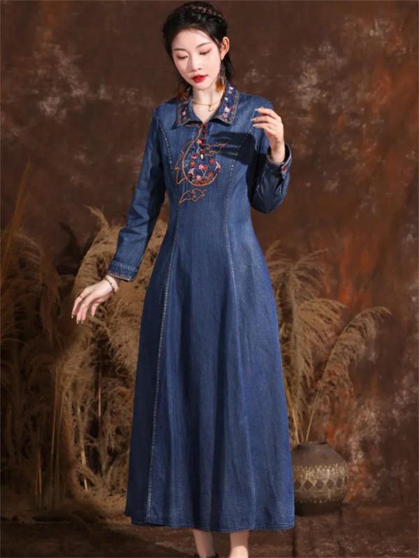 Women Turn-Down Collar Embroidery Split Joint A-Line Jeans Dress Chinese Long Denim Dress