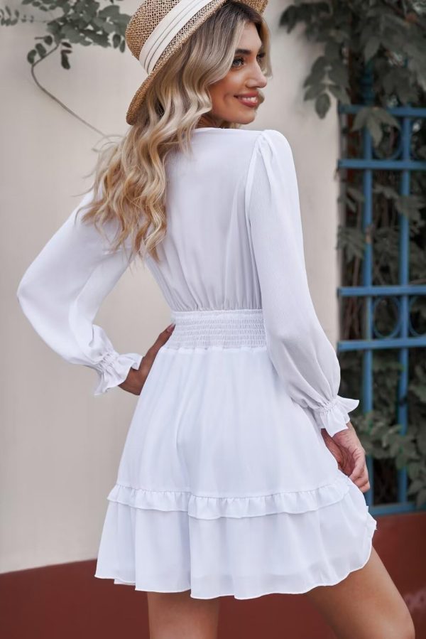 Womens Casual Spring Summer 2025 Deep V Neck Knotted Tiered Chiffon Elegant Mini Short Swing Skater Dresses
