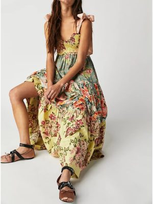 Women Floral Boho Sundress Tie Shoulder Smocked Patchwork Flowy Maxi Dresses with Pockets Summer Fall