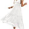 Women's Summer V Neck Tie Strap Maxi Dress Halter Ruffle Hem Long Dresses Spaghetti Strap Long Flowy Dresses