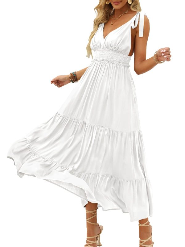 Women's Summer V Neck Tie Strap Maxi Dress Halter Ruffle Hem Long Dresses Spaghetti Strap Long Flowy Dresses