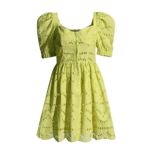 Women Hollow Out Mini Square Collar Puff Sleeve High Waist Slimming Hit Color Print Short Dress