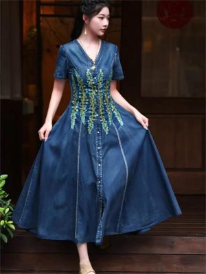 Women High Waisted Long A-Line Dress Embroidery Floral Vintage Cardigan Single Breasted Denim Dress