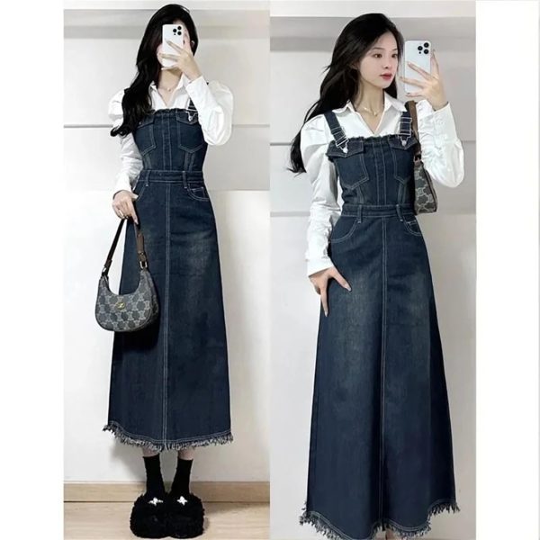 Women Spring Summer A- Line Tassel Jeans Dress Long Streetwear Vintage Strap Denim Dress