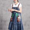 Women Vintage Asymmetrical A-Line Embroidery Sleeveless Spaghetti Straps Dress Loose Split Denim Dress
