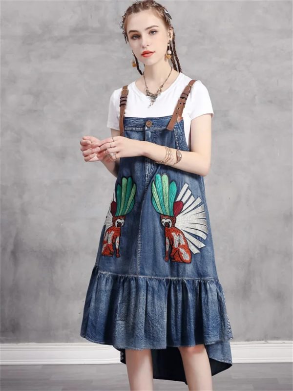 Women Vintage Asymmetrical A-Line Embroidery Sleeveless Spaghetti Straps Dress Loose Split Denim Dress
