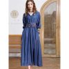 Women Vintage Blue A-Line High Waisted Retro Dresses Three Sleeve Belt Embroidery Denim Dress