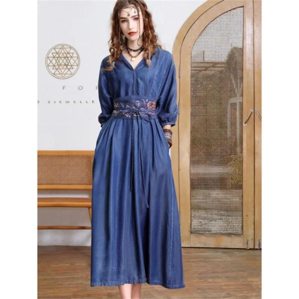 Women Vintage Blue A-Line High Waisted Retro Dresses Three Sleeve Belt Embroidery Denim Dress