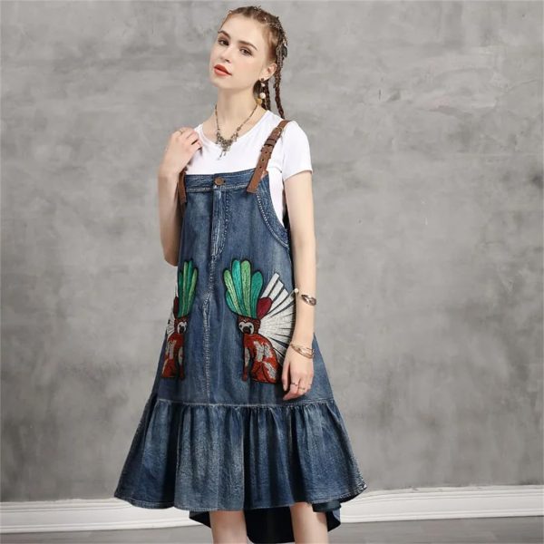 Women Vintage Asymmetrical A-Line Embroidery Sleeveless Spaghetti Straps Dress Loose Split Denim Dress