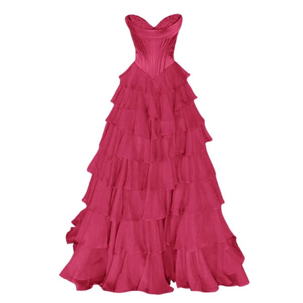 Tulle Floral Prom Dresses for Teens 2025 Tiererd Long Ball Gown Strapless Sweetheart Formal Evening Gowns with Slit