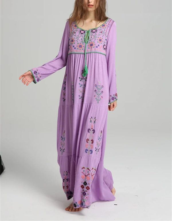 Women's Boho Embroidery Long-Sleeved Floral V Neck Holiday Maxi Dresses
