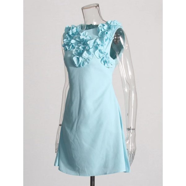 Women’s Round Neck Applique Slim Dress, Sleeveless High Waist Summer Party Cocktail Mini Gown