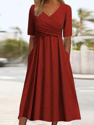 Womens Short Sleeve Dress Casual Plus Size V-Neck Maxi Dresses A Line Flowy Beach Sundress with Pockets