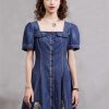 Women Square Collar Vintage Short A-Line Dress Slim Split Joint Single Breasted Mini Puff Sleeve Denim Dress