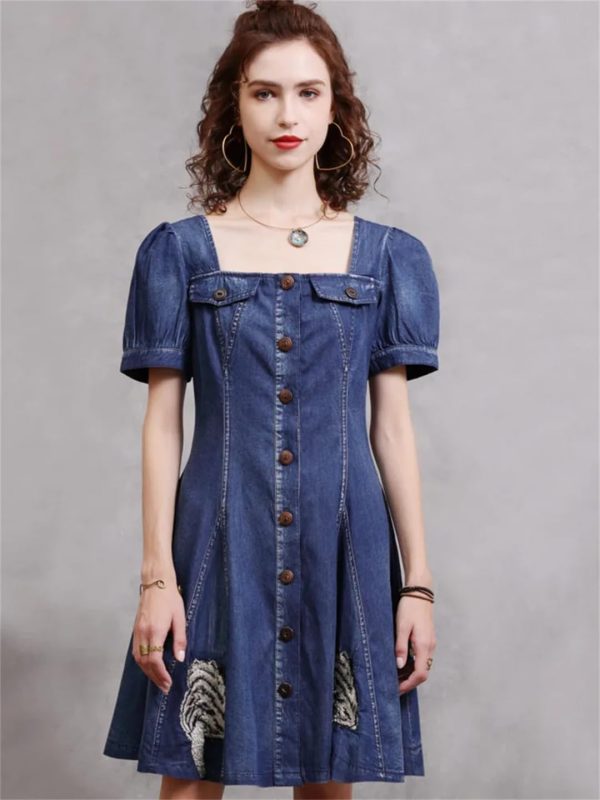Women Square Collar Vintage Short A-Line Dress Slim Split Joint Single Breasted Mini Puff Sleeve Denim Dress