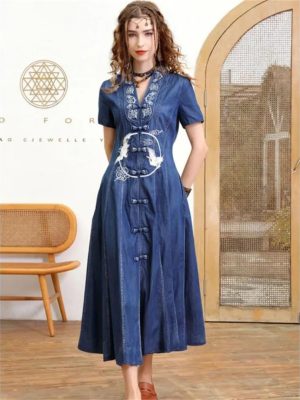 Women Summer Vintage Single Breasted A-Line Denim Dress V-Neck Embroidery Split Joint Dresses