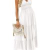 Women's Summer V Neck Tie Strap Maxi Dress Halter Ruffle Hem Long Dresses Spaghetti Strap Long Flowy Dresses