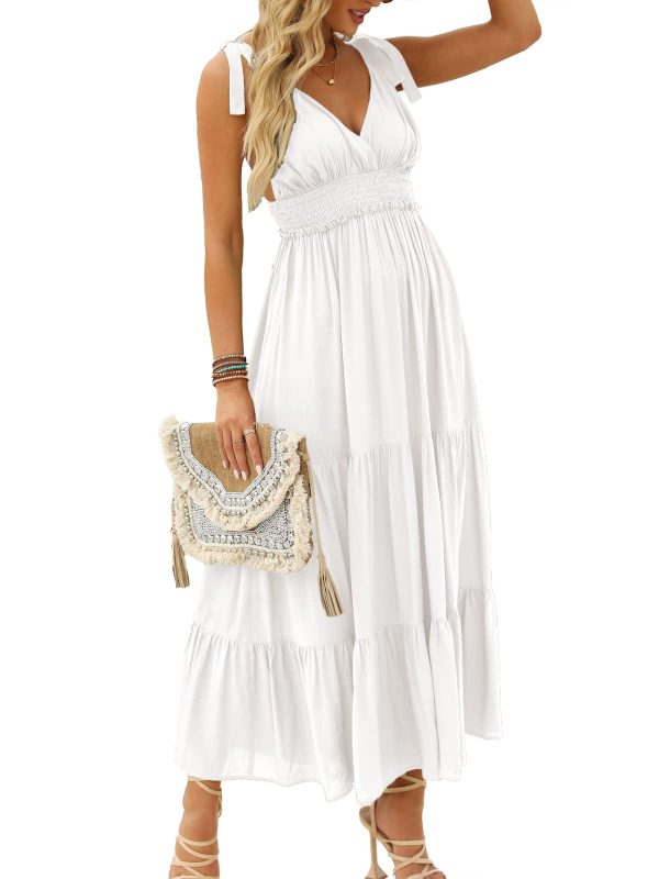 Women's Summer V Neck Tie Strap Maxi Dress Halter Ruffle Hem Long Dresses Spaghetti Strap Long Flowy Dresses