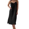 Womens Pure Linen Summer V Neck Midi Spaghetti Strap Slip Dress with Pockets