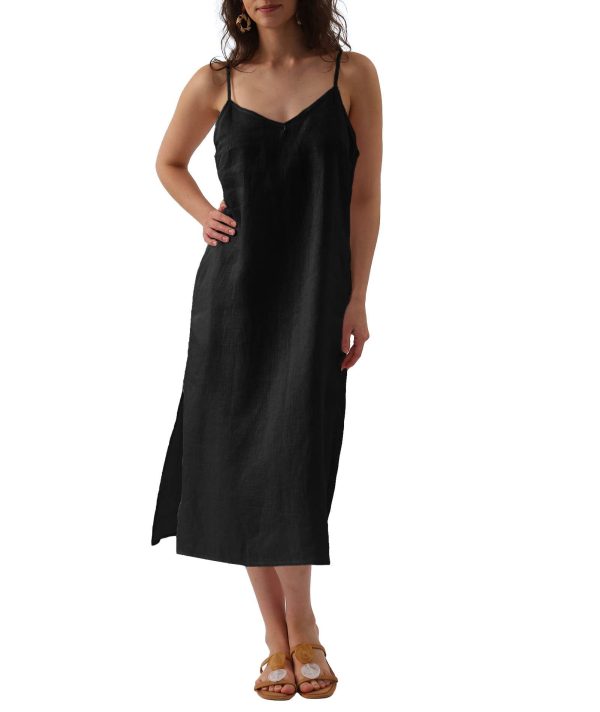 Womens Pure Linen Summer V Neck Midi Spaghetti Strap Slip Dress with Pockets