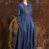 Women Turn-Down Collar Embroidery Split Joint A-Line Jeans Dress Chinese Long Denim Dress