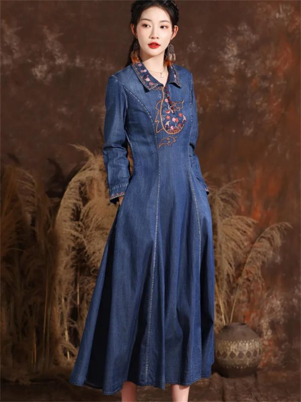 Women Turn-Down Collar Embroidery Split Joint A-Line Jeans Dress Chinese Long Denim Dress
