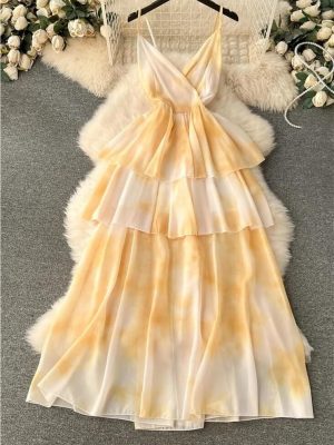 Tie-Dye Chiffon Dress Women Long Spaghetti Strap Backless Ruffles Tiered Yellow Summer Beach Party Maxi Dress