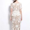 Womens Elegant Temperament Lapel Short Sleeved Lace Hollow Out Dress Slim Waist Dress