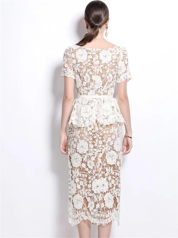 Womens Elegant Temperament Lapel Short Sleeved Lace Hollow Out Dress Slim Waist Dress