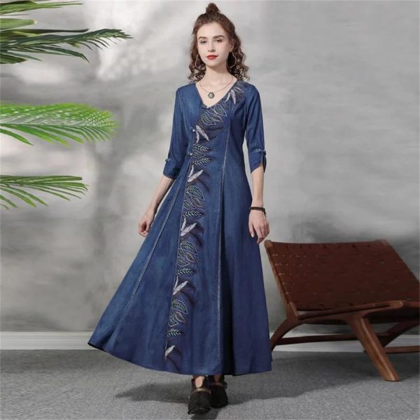 Women V-Neck Vintage Asymmetrical A-Line Dress Half Sleeve Buttons Retro Slim Chinese Denim Dresses