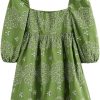 Boho Puff Sleeve Mini Dress Women Embroidery Hollow Out Casual Loose Short Beach Dress Lightweight Summer