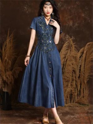 Women Asymmetrical Single Breasted Vintage A-Line Denim Dresses V-Neck Retro Embroidery Slim Jeans Dress