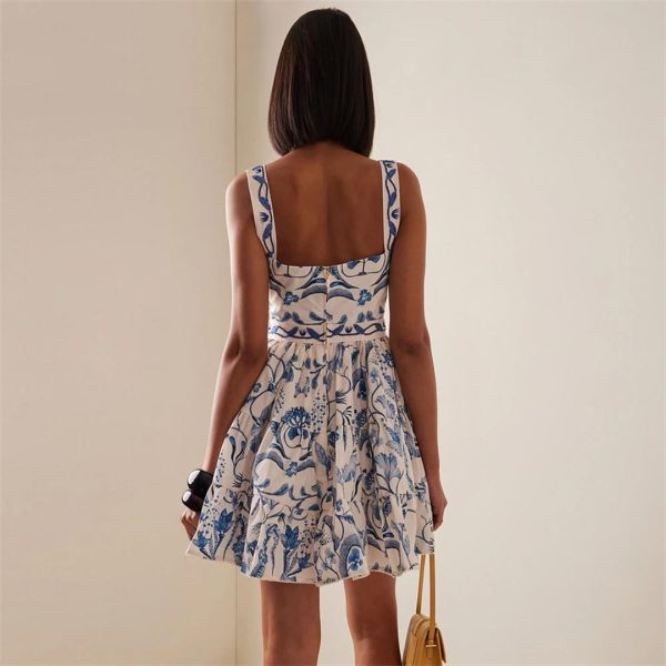 Women Colorblock Slimming Spliced Printing Square Neck Sleeveless Patchwork Folds Mini Dress