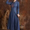 Women Turn-Down Collar Embroidery Split Joint A-Line Jeans Dress Chinese Long Denim Dress