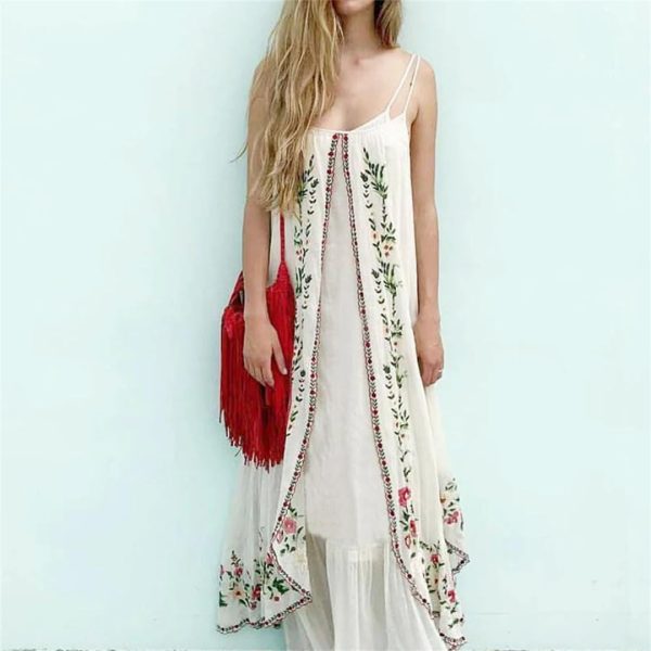Women Maxi White Boho Vintage Floral Embroidered Sleeveless Strap Beach Long Dresses