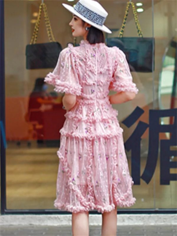 Women Embroidered Ruffle Summer Dress Light Short Sleeve Temperament Flower Dress
