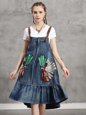 Women Vintage Asymmetrical A-Line Embroidery Sleeveless Spaghetti Straps Dress Loose Split Denim Dress