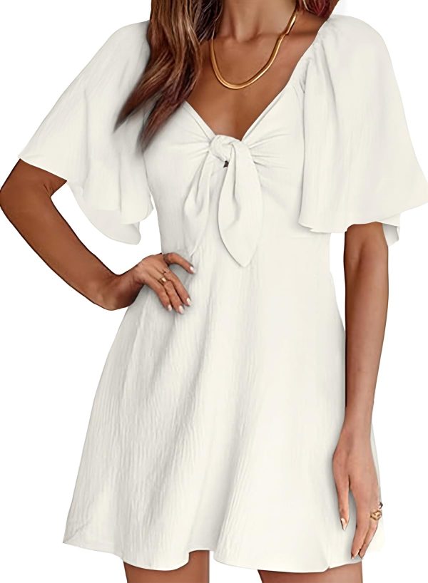 Womens Dresses 2025 Spring Summer Deep V Neck Elegant Bow tie Mini Dress S-XL
