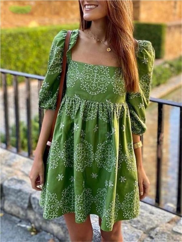 Boho Puff Sleeve Mini Dress Women Embroidery Hollow Out Casual Loose Short Beach Dress Lightweight Summer